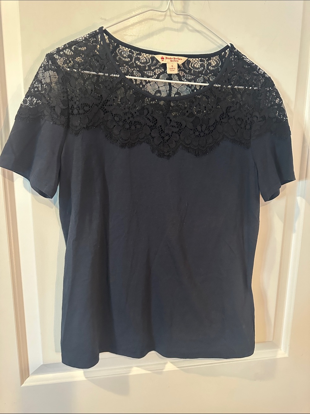 Brooks Brothers Navy Short Sleeve Top with Lace Yoke Detail